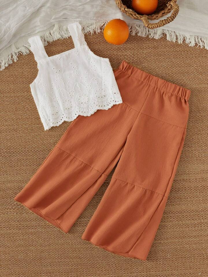 SHEIN Vintaside Kids Young Girl Eyelet Embroidery Top & Layer Hem Wide Leg Pants Set | SHEIN
