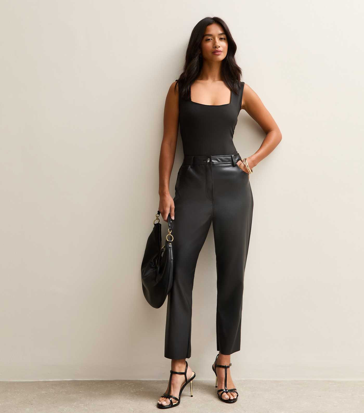 Petite Black Faux Leather Straight Leg Trousers | New Look | New Look (UK)
