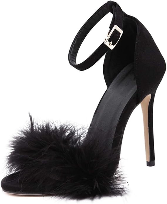 YIBLBOX Women's Open Toe Sandal Fluffy Feather Lace Up Strappy High Heel Shoes | Amazon (US)