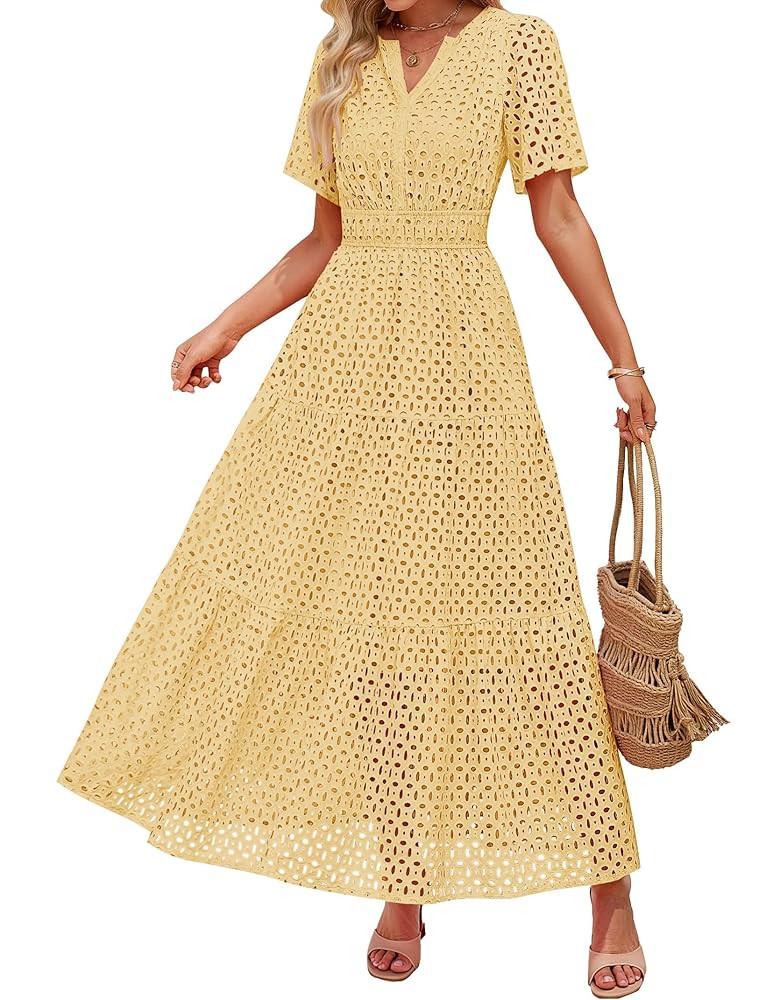 ZESICA Women's 2025 Summer Short Sleeve Maxi Dress Casual V Neck Hollow Out Eyelet Ruffle Swing A... | Amazon (US)