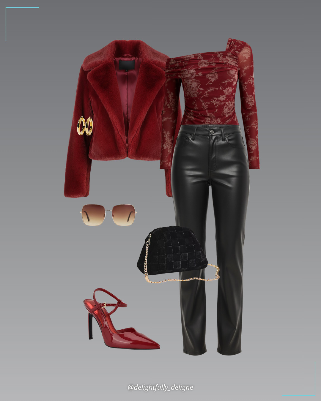 Bold Valentine ❤️🖤 Dark red floral mesh asymmetrical top, relaxed vegan leather pants, wine-red faux-fur cropped jacket, ankle-strap stiletto pumps, thick velvet woven clutch, large tube hoop earrings & square metallic frame sunglasses.

#LTKOver40 #LTKootd #LTKgrwm