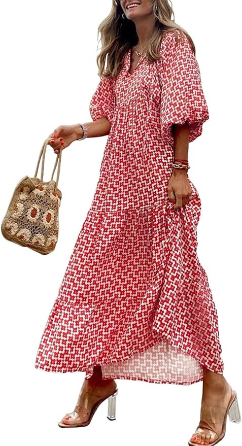 miduo Womens Loose Fit Casual Summer V Neck Half Sleeve Bohemian Geometric Pattern Maxi Long Dres... | Amazon (US)
