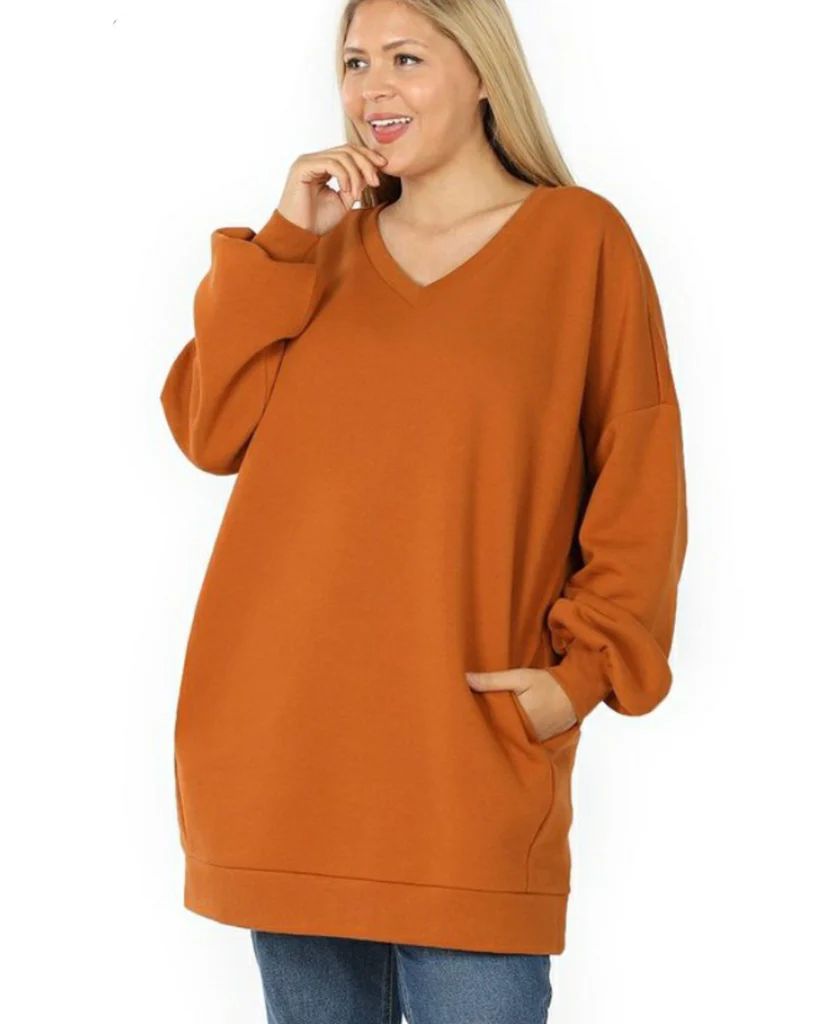 Oversized V-Neck Longline Sweatshirt | Dia&Co