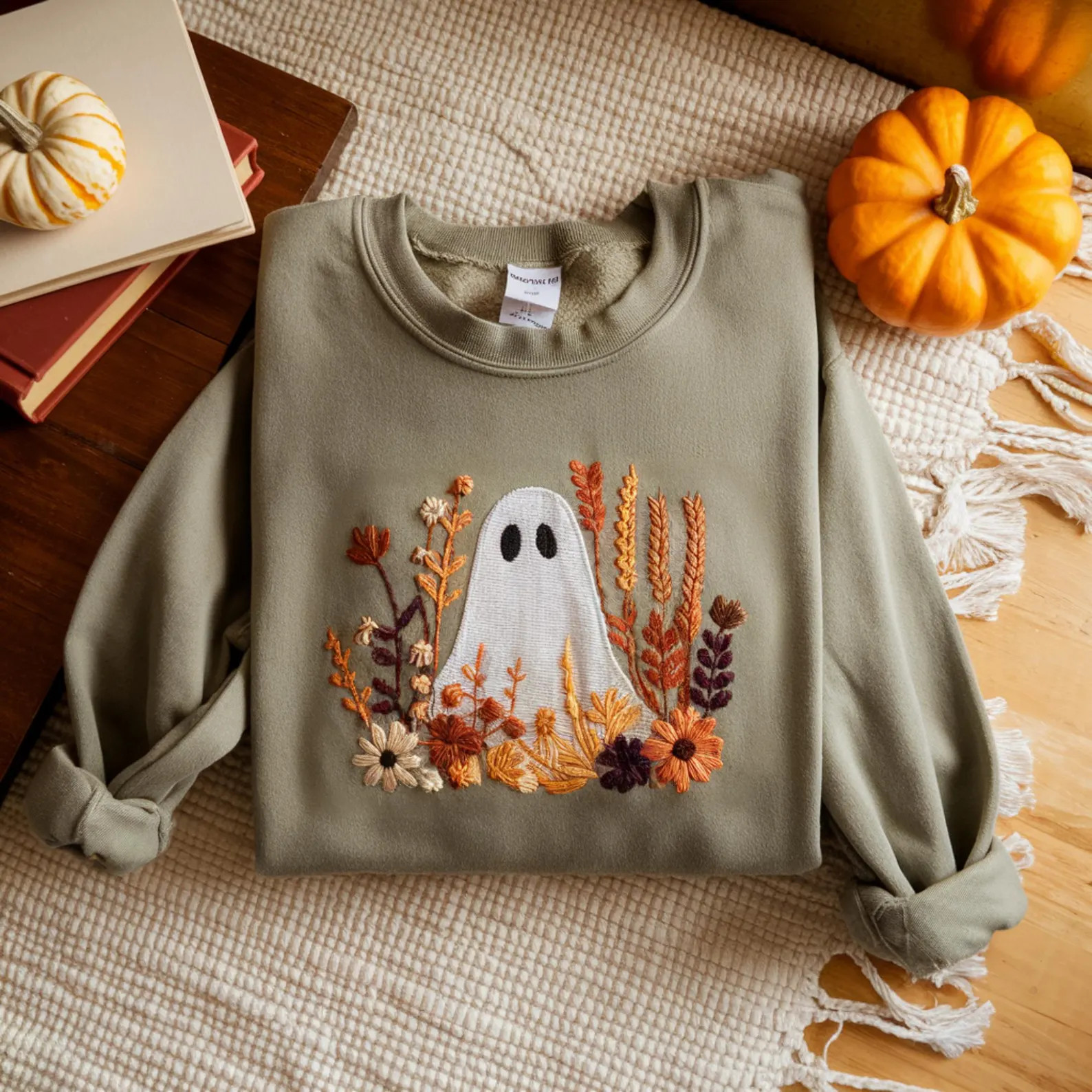 Embroidered Halloween Ghost Sweatshirt: Spooky Wildflower Tee, Ghost Wildflower Crewneck Fall Wil... | Etsy (US)