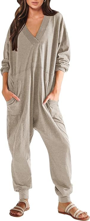 ANRABESS Women's Casual Loose Jumpsuits Long Sleeve V Neck Oversized Rompers Baggy Overalls Loung... | Amazon (US)