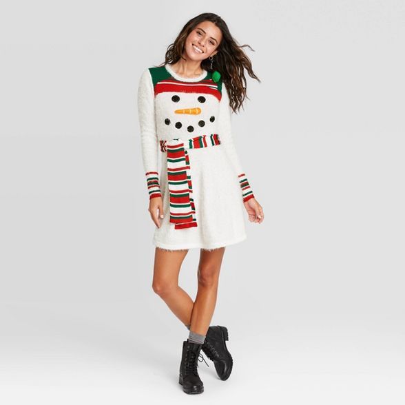 Women's Ugly Holiday Snowman Long Sleeve Graphic Dress - White | Target