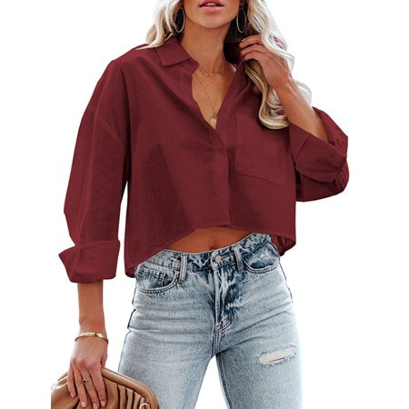 MAWCLOS Women Lapel Neck Tunic Shirt Baggy Work Cropped Shirts Long Sleeve Casual Holiday Blouse Top | Walmart (US)