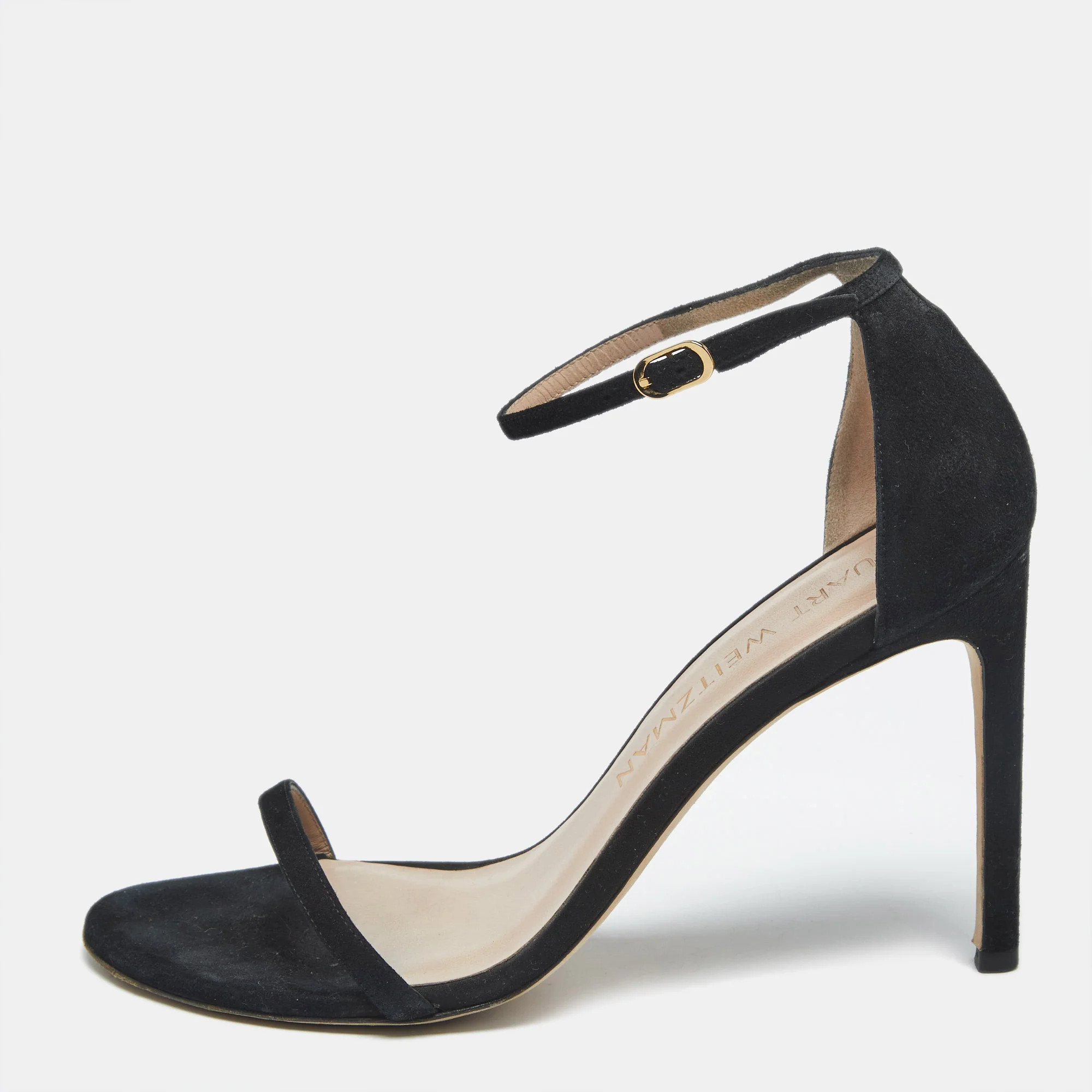 Stuart Weitzman Black Suede Nudist Ankle Strap Sandals | Shop Simon