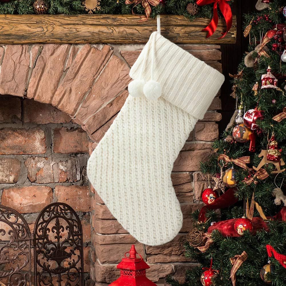 S-DEAL White Knitted Christmas Stocking 21 Inches Mantel Decoration Double Layers with Pompom Gif... | Amazon (US)