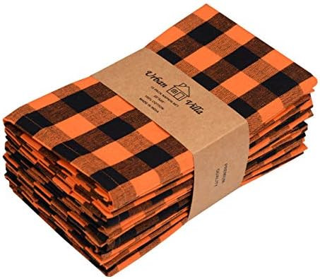 Urban Villa,Orange/Black Buffalo Check Plaid Set of 12 Dinner Napkins,Premium Quality,100% Cotton, S | Amazon (US)