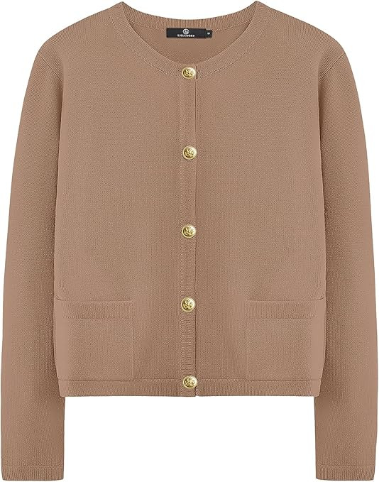 LILLUSORY Women's Crew Neck Gold Buttons Cardigan Sweaters Lady Jacket with Patch Pockets | Amazon (US)
