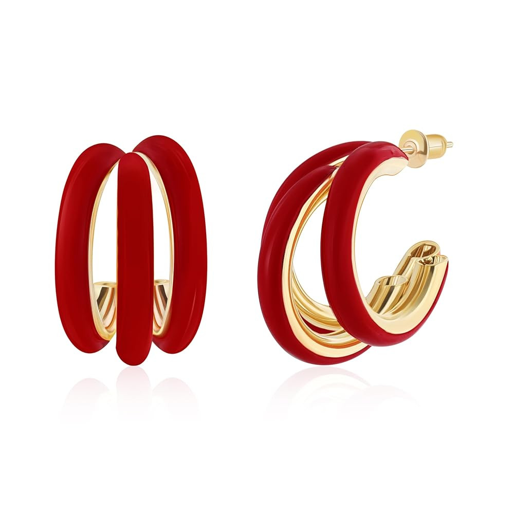 Gold Chunky Triple Hoop Earrings, Thick Three Open Hoop Earrings for Women Trendy Jewelry Gifts | Amazon (US)