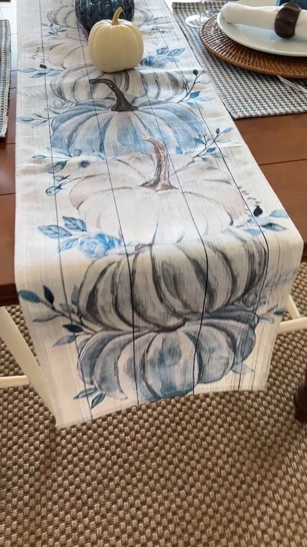 Beautiful blue and white pumpkin table runner to take your decor from fall to Thanksgiving.

#LTKvlog #LTKSeasonal #LTKHome