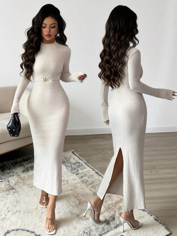 Elenzga Women's Autumn/Winter Elastic Knit Textured Dress, Turtleneck Bodycon Dress, Metal Buckle Design Dress, Elegant Ladies Dress, Casual Dress, Autumn/Winter Women's Clothing, Party Dress | SHEIN