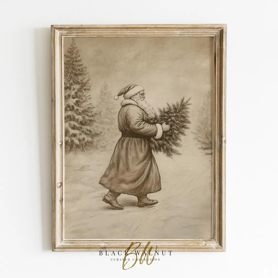 Vintage Santa Print, Printable Father Christmas Sketch, Neutral Holiday Drawing, Winter Wall Art,... | Etsy (US)