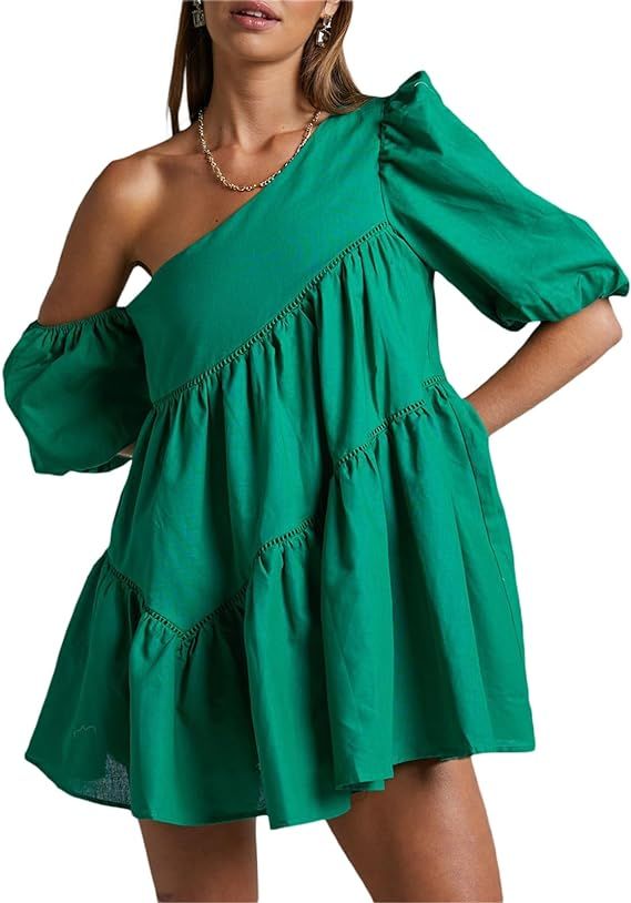 Sexy Mini Dress for Women Ruffle One Shoulder Outfits Short Puff Sleeve Cocktail Bubble Sundress ... | Amazon (US)