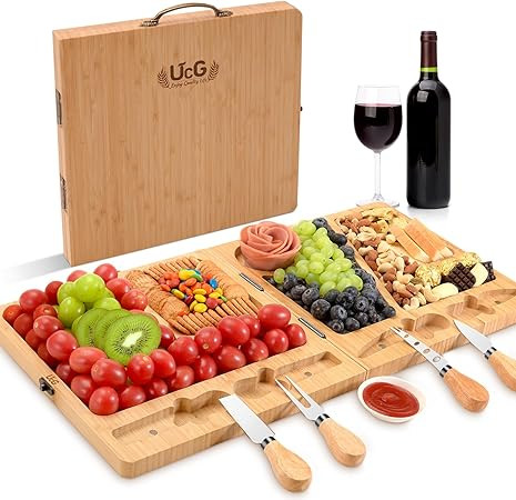 Bamboo Charcuterie Board Set - Large Folding Cheese Board with Knife Set - Unique White Elephant ... | Amazon (US)