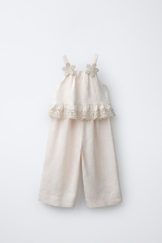 100% LINEN FLORAL LACE JUMPSUIT | Zara US