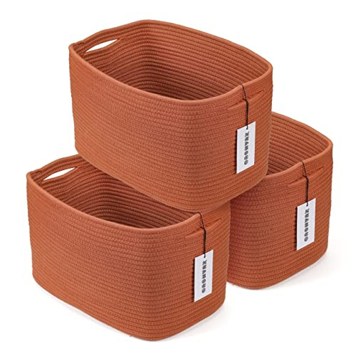 Cotton Rope storage Basket Bins Woven Basket for Organizing Shelves Rectangle Decorative Baskets For storage Clothes Toys Books Towels Square Wicker Nursery basket organizer 3 pack Rust | Amazon (US)