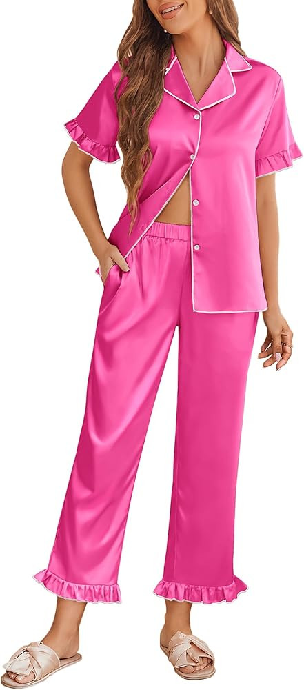 Ekouaer Silk Pajamas for Women Satin Short Sleeve Pajamas Set with Ruffle 2 Pieces Button Down To... | Amazon (US)