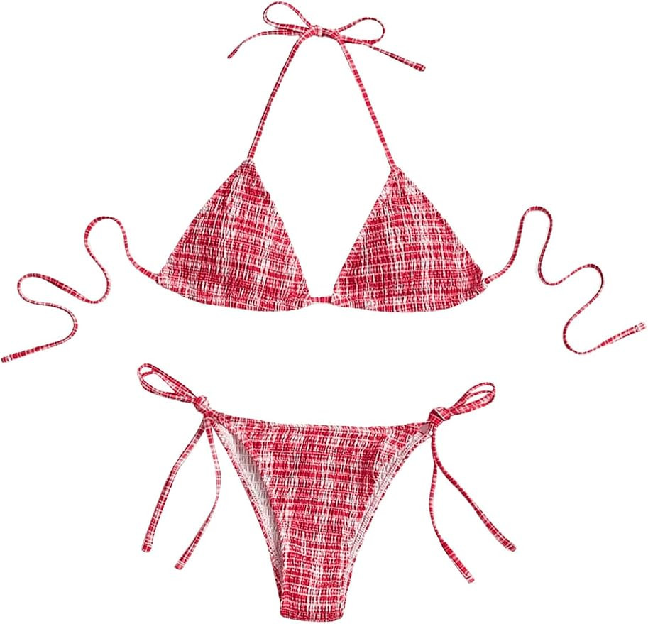 MakeMeChic Women's 2 Piece Bikini Sets Gingham Print Plaid Halter Triangle Tie Side Swimsuit Bath... | Amazon (US)