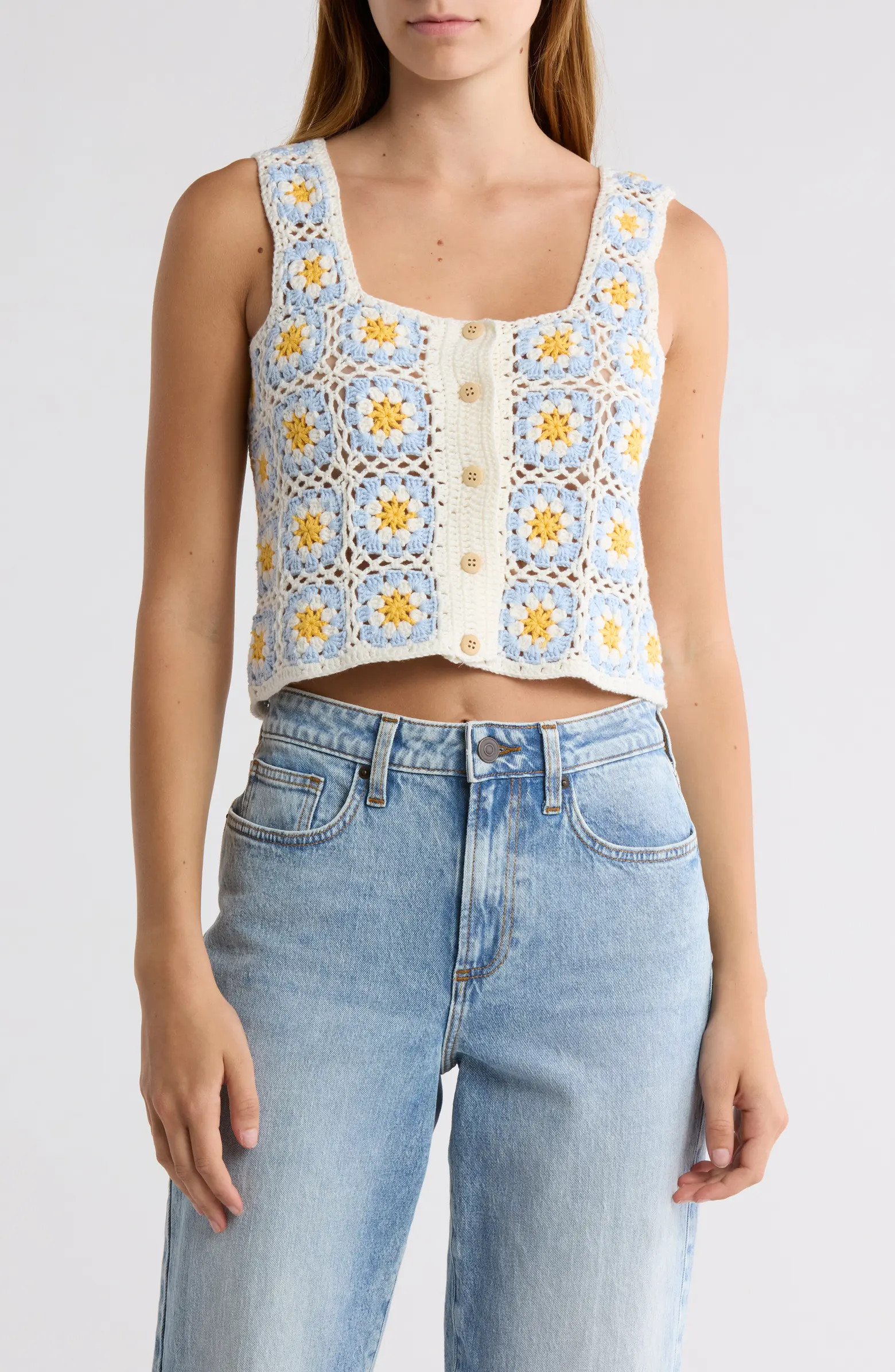Cotton Emporium Floral Patch Crochet Button Front Tank | Nordstromrack | Nordstrom Rack