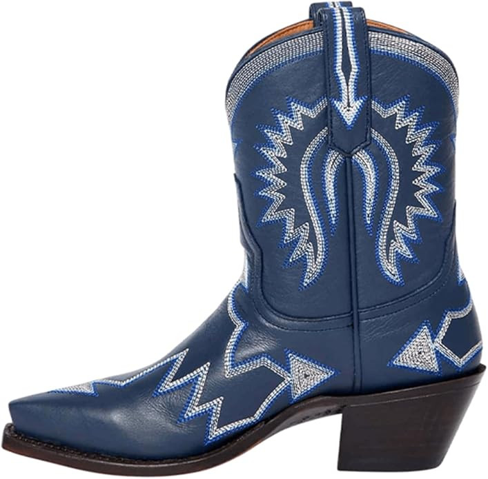 Metallic Embroidered Cowgirl Boots For Women Pointed Toe Western Boots Chunky Heel Pull On Short ... | Amazon (US)