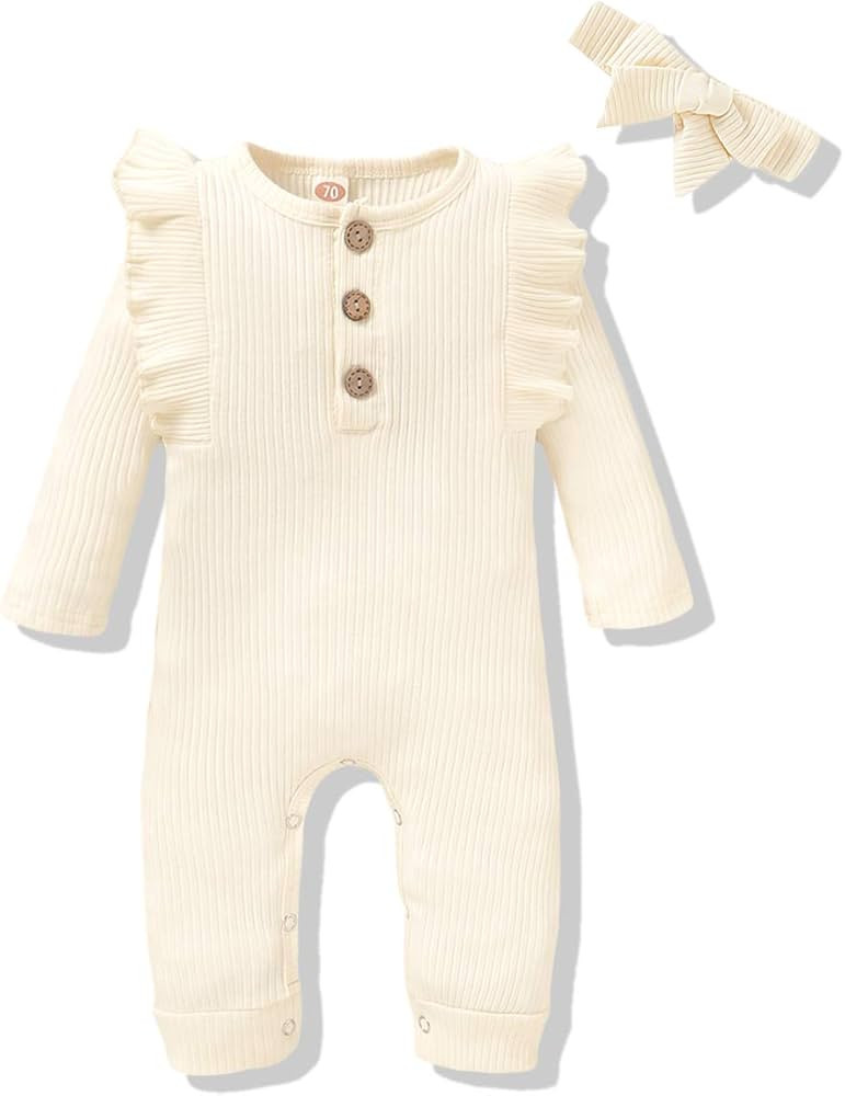 Renotemy Newborn Infant Baby Girl Clothes Cotton Linen Rompers Solid Ruffle Jumpsuits Infant Baby... | Amazon (US)