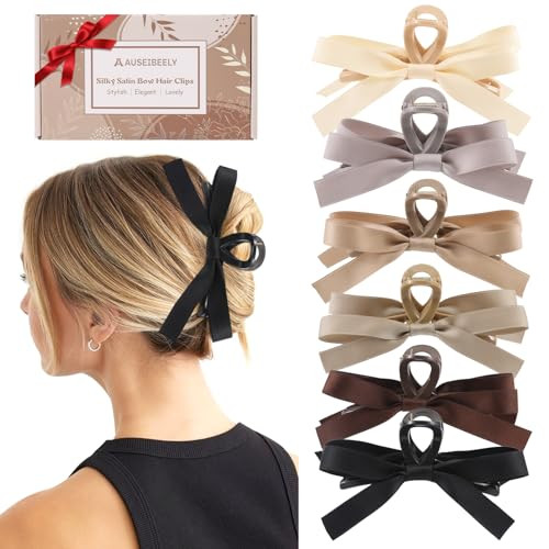 Auseibeely 6 PCS Silky Satin Bow Hair Clips, Non-Slip Clips for Thin and Thick Hair, Bows for Women, Girls, Weddings, and Bridesmaids | Amazon (US)