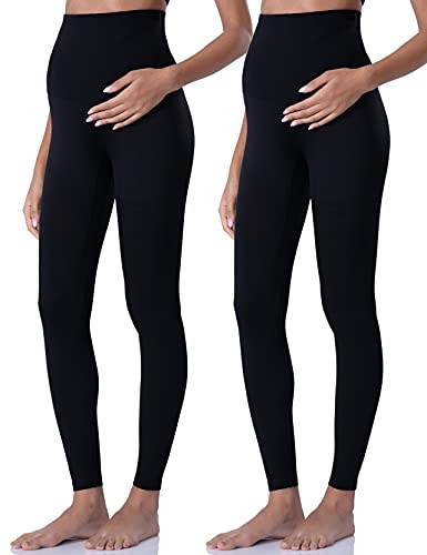 POSHDIVAH Women's Maternity Leggings Over The Belly Pregnancy Yoga Pants Active Wear Workout Leggings 2pcs Black X-Large | Amazon (US)
