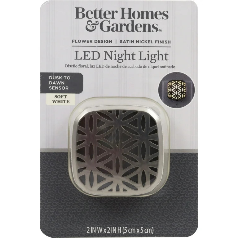 Better Homes & Gardens LED Night Light, Flower Design, Light Sensing, Satin Nickel, 2 in, 0.75 in | Walmart (US)