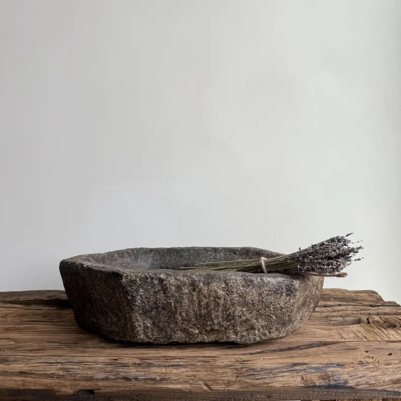 Vintage Marble Kharal 12.5" Stone Tray, Antique Limestone Carved Oval Tray, Primitive Stone Cente... | Etsy (US)