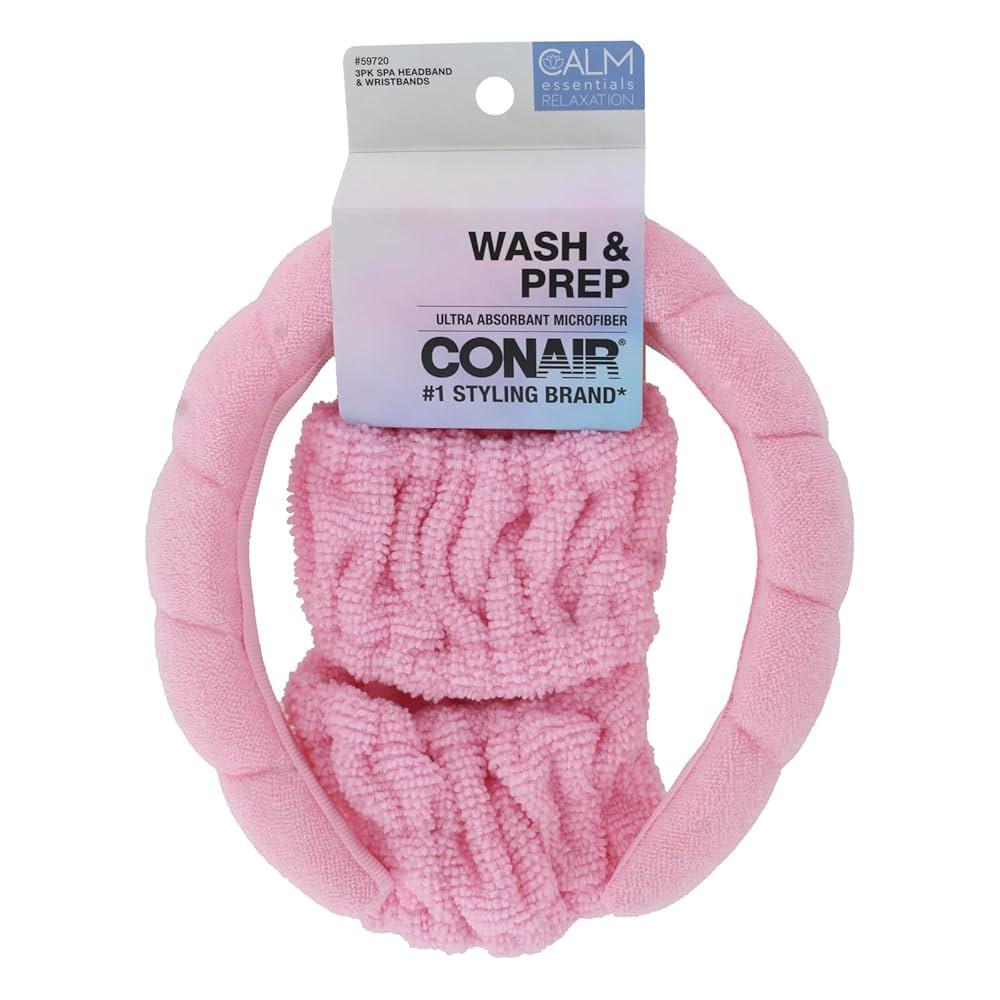 Conair Wash & Prep Calm Essentials Relaxation Spa Headband & Wristbands, Pink, 3-Piece Set | Amazon (US)
