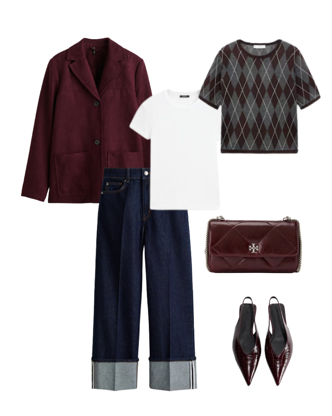 Jeans mit Umschlag - Trend 2025 - Umgeschlagene Jeans, kombiniert elegant mit einem Blazer in Burgundy in Pullover mit Rautenmuster.  

 #LTKstyletip #LTKjeans #LTKautumn