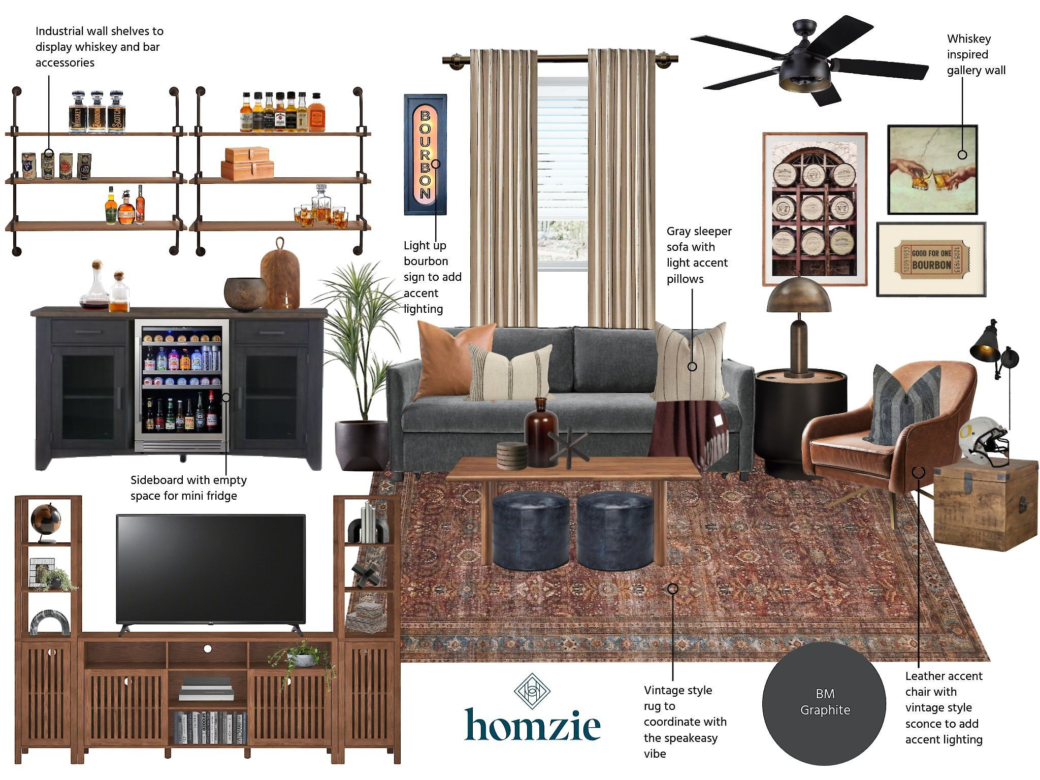 This is a cozy mancave or lounge room with a vintage-industrial style and bar-inspired touches. It features:  
Bourbon Sign, Sleeper Sofa, Mini Fridge, Leather Chair, Gallery Wall, Vintage Rug. 

 #LTKHome #LTKSaleAlert #LTKStyleTip