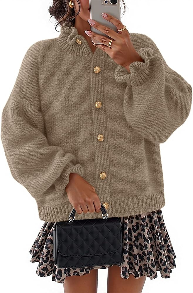 MEROKEETY Women's Fall 2025 Chunky Cardigan Sweaters Trendy Ruffle Button Down Long Sleeve Casual... | Amazon (US)