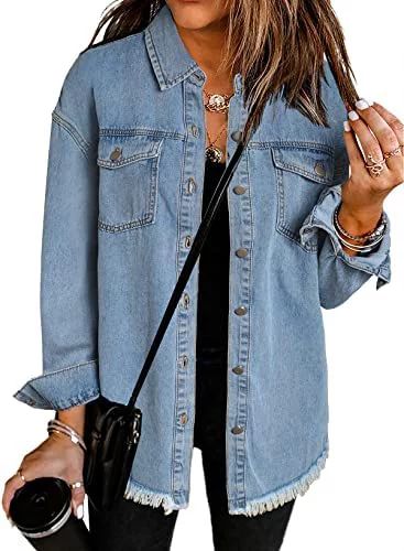 Asvivid Women's Denim Jacket Casual Long Sleeve Jean Jacket Boyfriend Distressed Shacket with Poc... | Walmart (US)