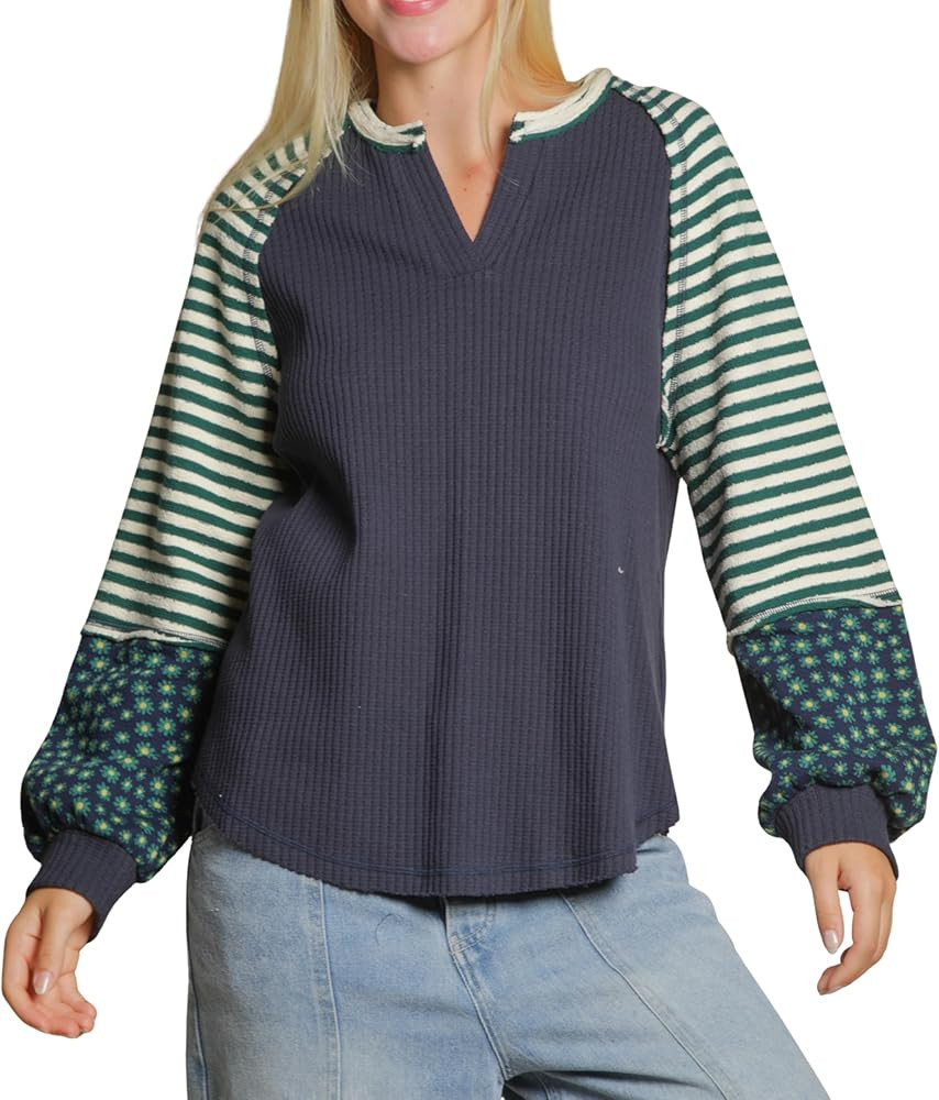 Women’s Oversized Stripe & Floral Knit Top – Split Neck Long Sleeve Casual Shirt with Raw Edg... | Amazon (US)