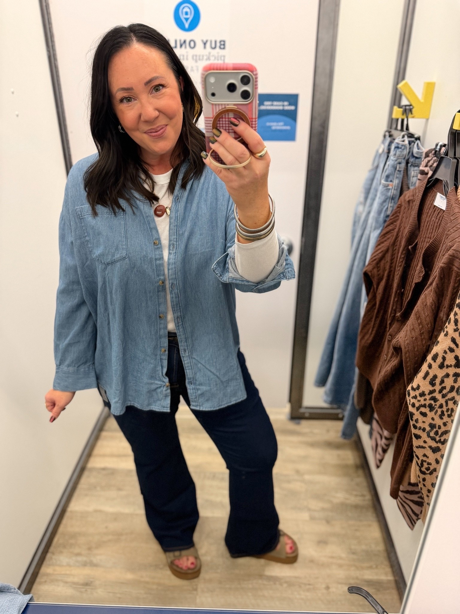 Old Navy chambray button down top is back in stock! Large gives the best oversized fit!
Size 16 regular flare jeans. 
Large long sleeve crewneck.

#LTKMidsize #LTKOver40 #LTKSeasonal
