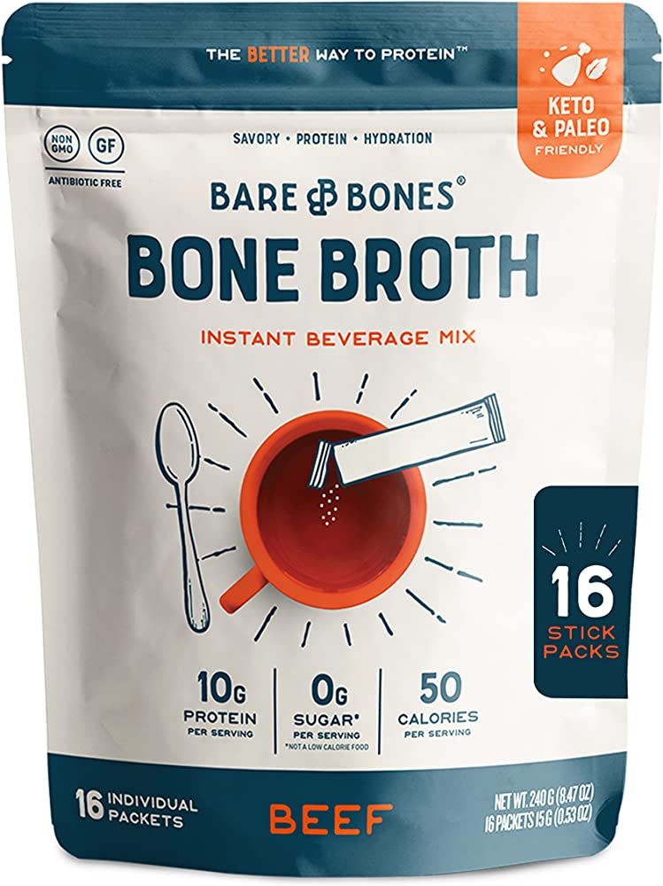 Bare Bones Bone Broth Instant Powdered Beverage Mix, Beef, Pack of 16, 15g Sticks, 10g Protein, K... | Amazon (US)