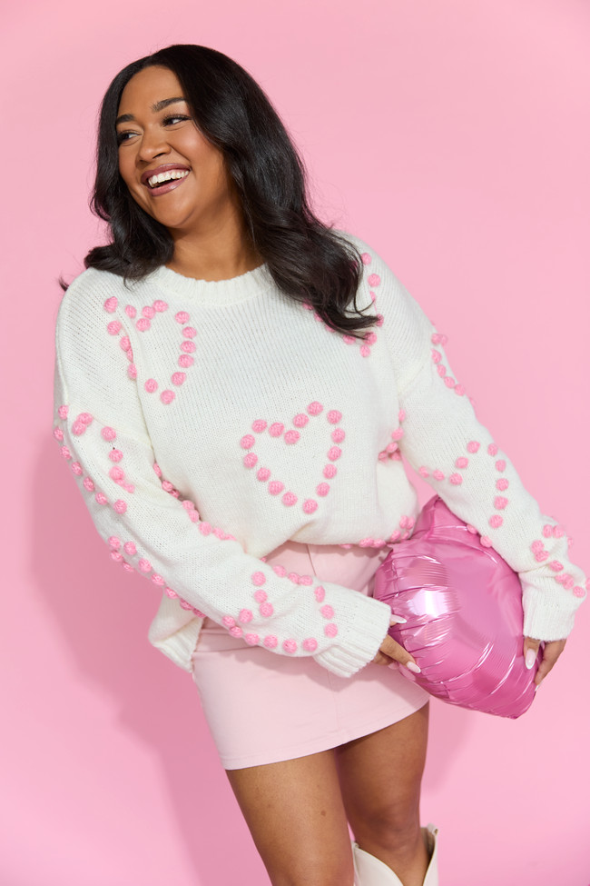 Adore You Ivory and Pink Oversized Heart Pom Sweater | Pink Lily