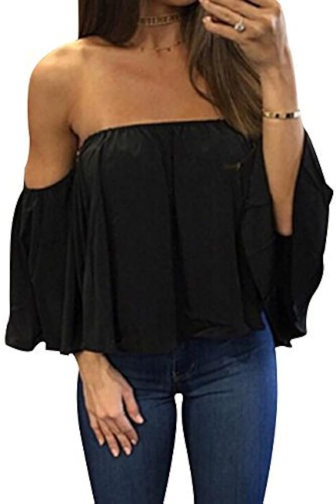 Women's Summer Off Shoulder Blouses Short Sleeves Sexy Tops Chiffon Ruffles Casual T Shirt | Amazon (US)