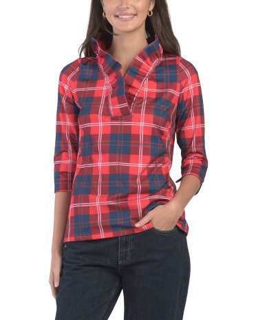 Plaid Ruffle Collared Shirt For Women, Spandex/Polyester | TJ Maxx