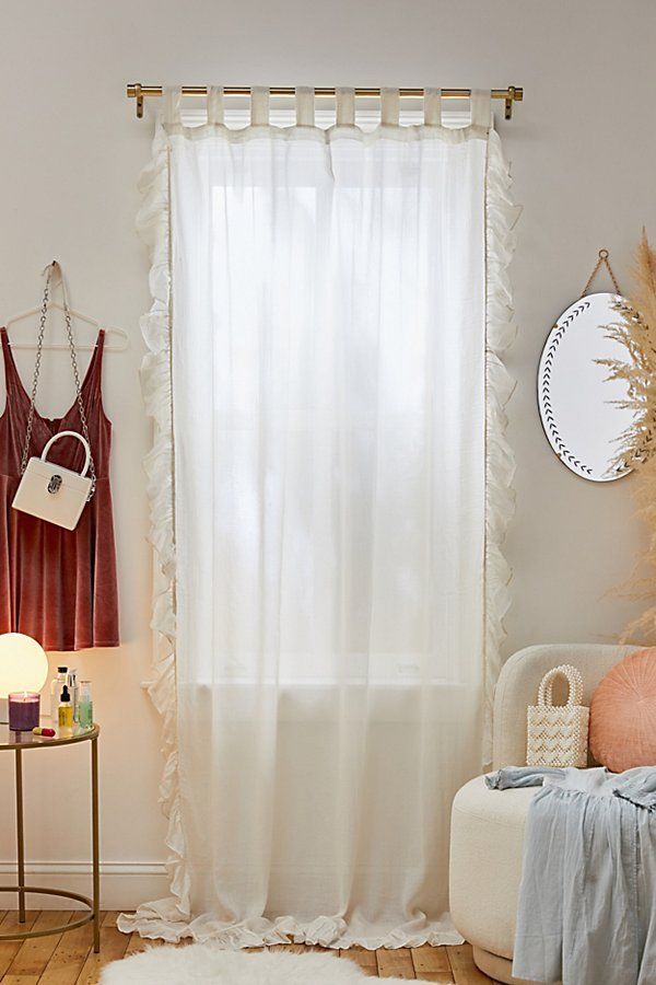 Ruffle Gauze Curtain - White 84" at Urban Outfitters | Urban Outfitters (US and RoW)