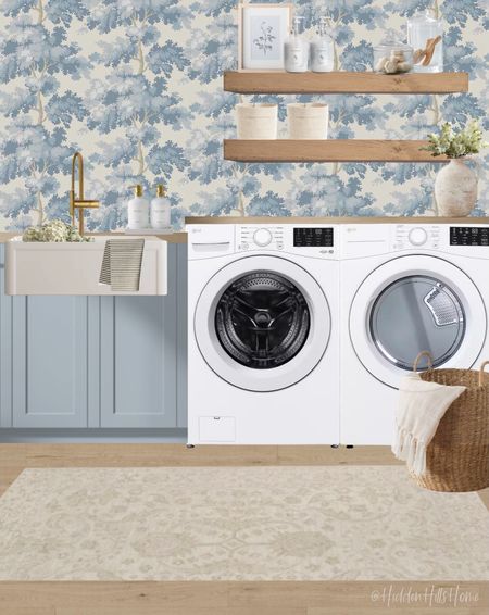 Blue laundry room mood board, modern transitional laundry room design, floral wallpaper for laundry room #laundry 

#LTKsalealert #LTKhome