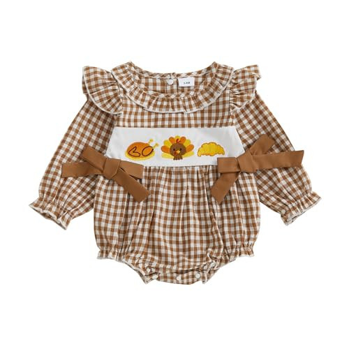 Baby Girl Thanksgiving Outfit Turkey Bubble Romper Long Sleeve Doll Collar Plaid Jumpsuit Boutique Fall Clothes (Brown Turkey Rolls, 6-12 Months) | Amazon (US)
