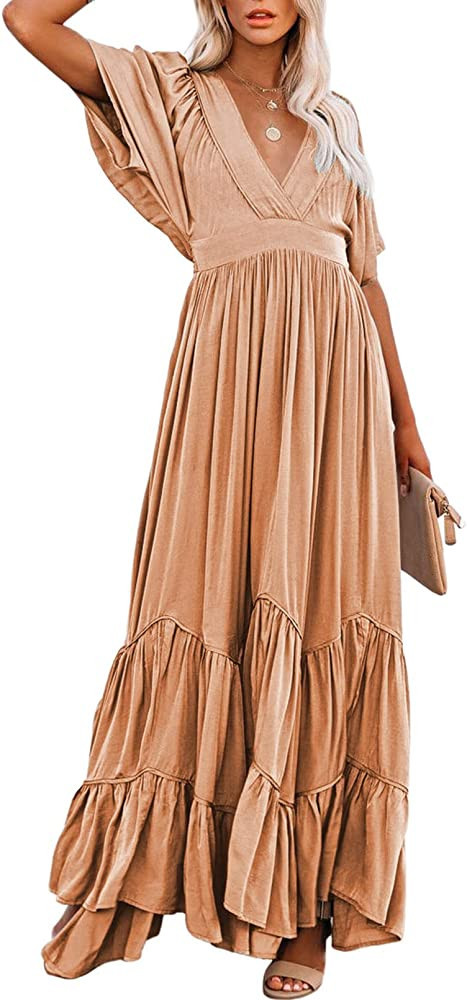 Linsery Women V Neck Maxi Dress With Sleeves Summer Maxi Dress Summer Gowns Summer Outfits 2023 | Amazon (US)
