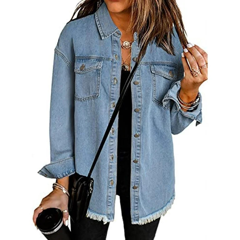 Asvivid Women's Denim Jacket Casual Long Sleeve Jean Jacket Boyfriend Distressed Shacket with Poc... | Walmart (US)