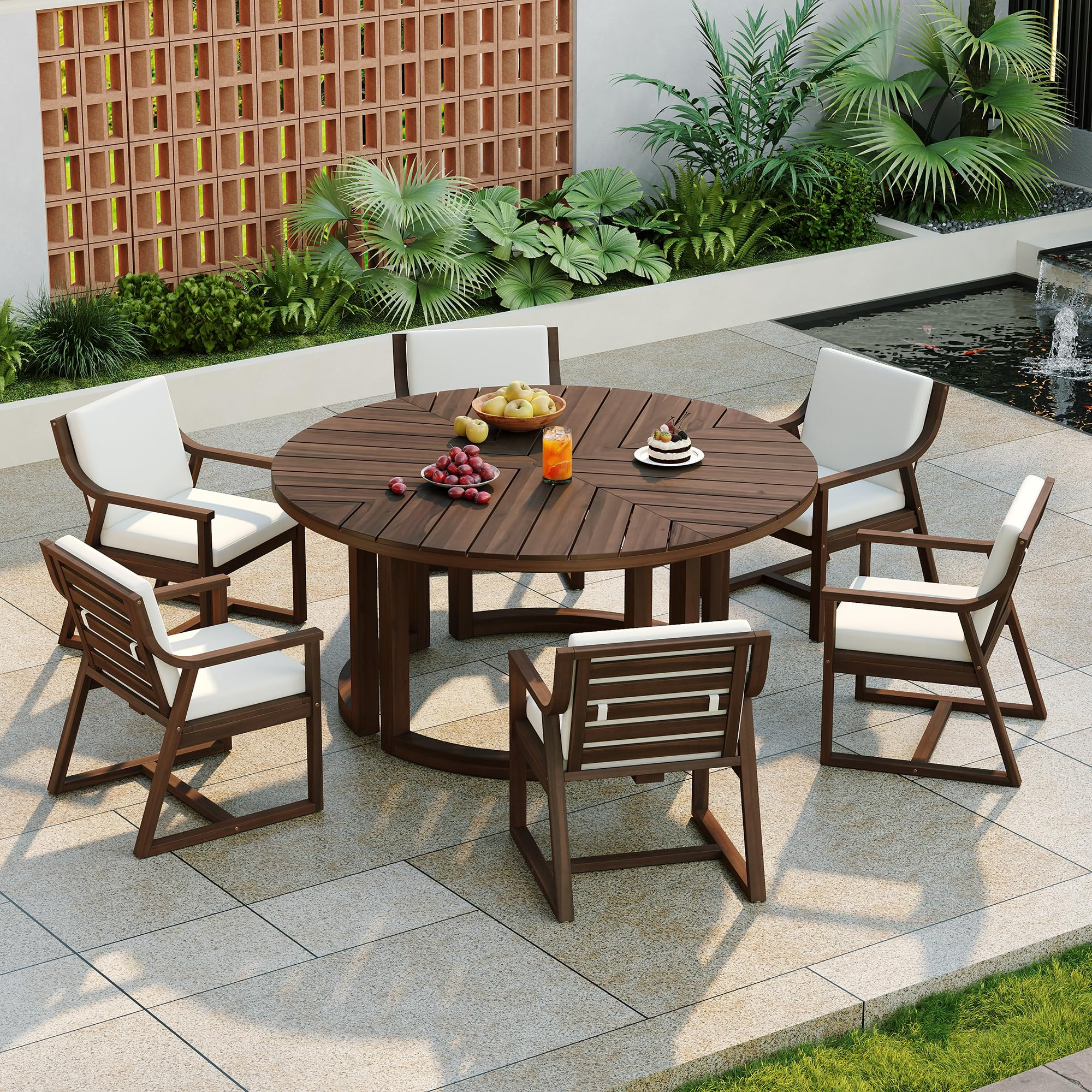 Merax 7 Pieces Outdoor Dining Set for 6 People, Acacia Wood Patio Furniture Sets with Round Table and Six Cushioned Chairs for Backyard, Garden, Lawn, Poolside, Tabletop with Umbrella Hole, Mocha | Amazon (US)