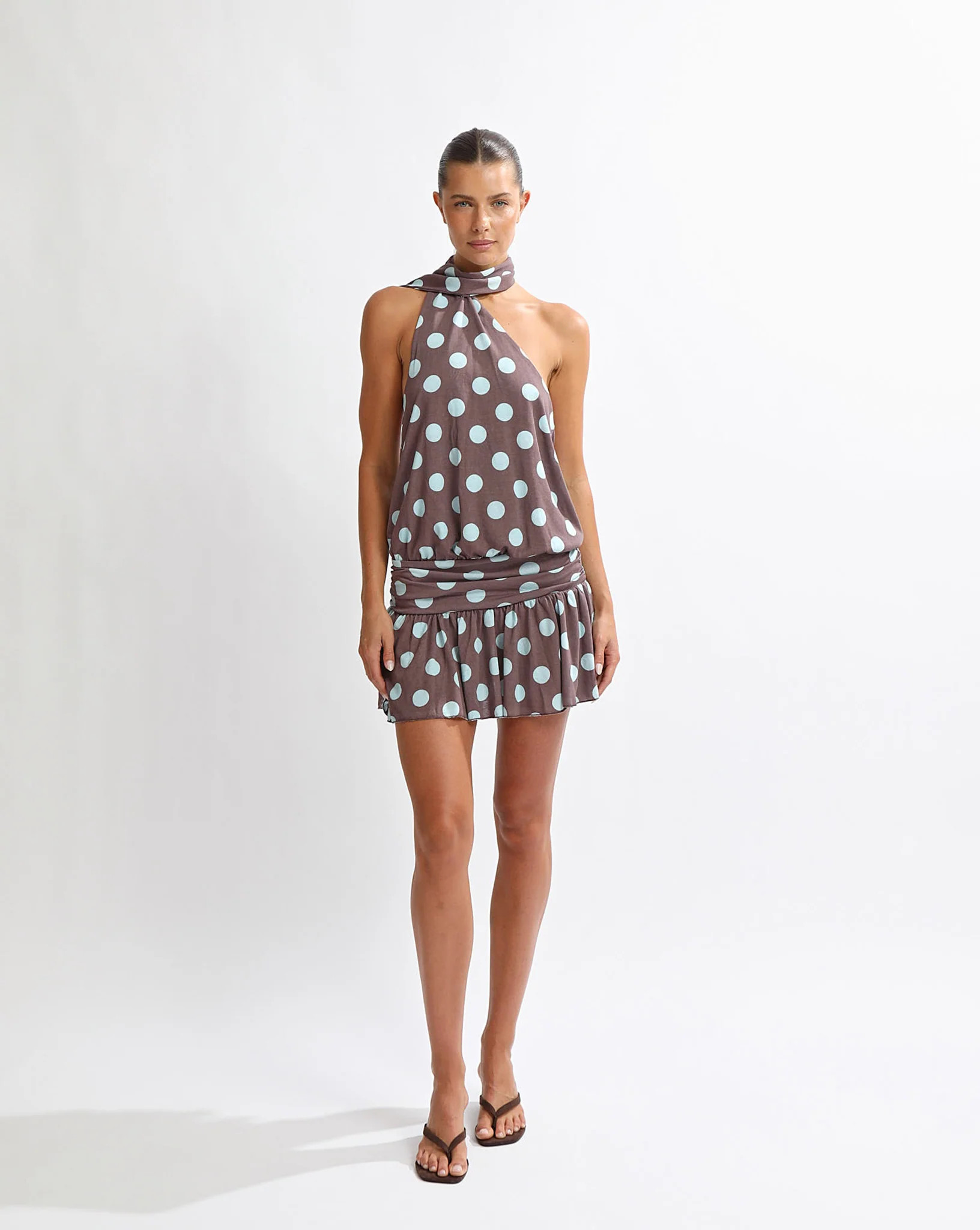 Mira Mini Dress Brown/Blue Polka | One Mile